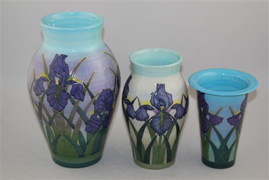 Sally Tuffin for Dennis Chinaworks. Three Iris pattern vases, 16 - 26cm